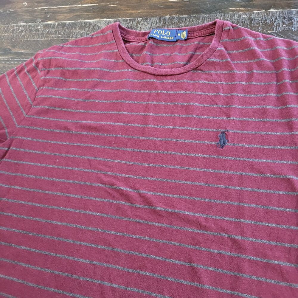 Polo Ralph Lauren Crew Neck T-Shirt Burgundy Thin Stripe Mens Medium